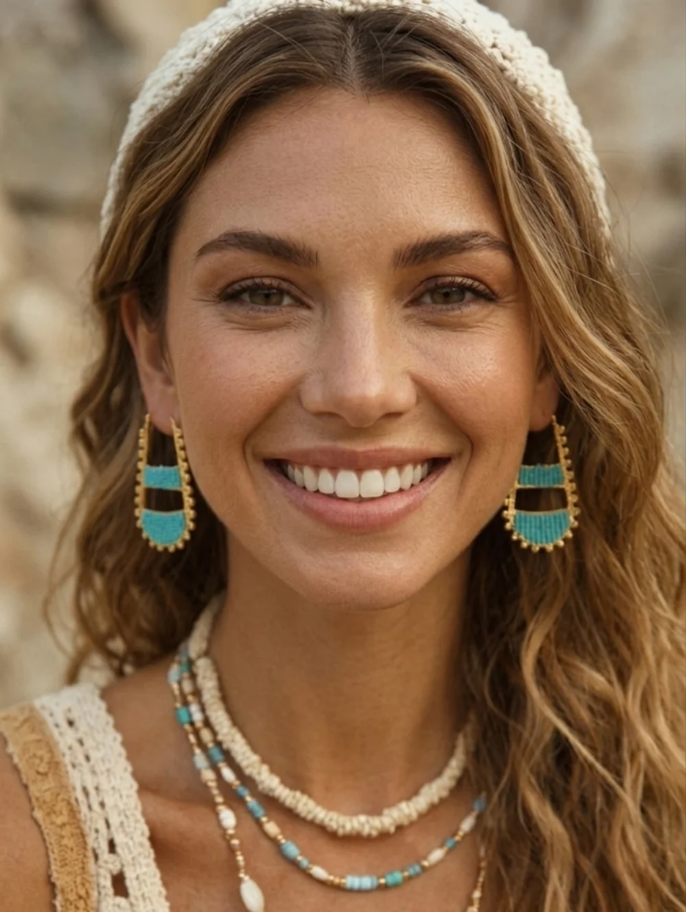 Aqua Turquoise Seed Bead Statement Hoop Earrings Boho Artisan Gold Woven 2